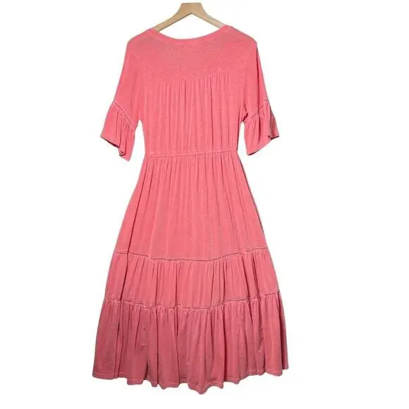Sundry Tiered Midi Dress 3/4 Flutter Sleeve Pink Womens Size 2/M - Picture 2 of 8